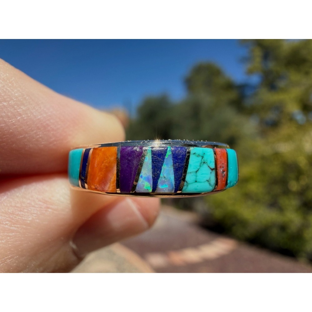 Calvin Begay TSF - 14k Solid Yellow Gold Navajo Inlay Turquoise Multi Stone Ring